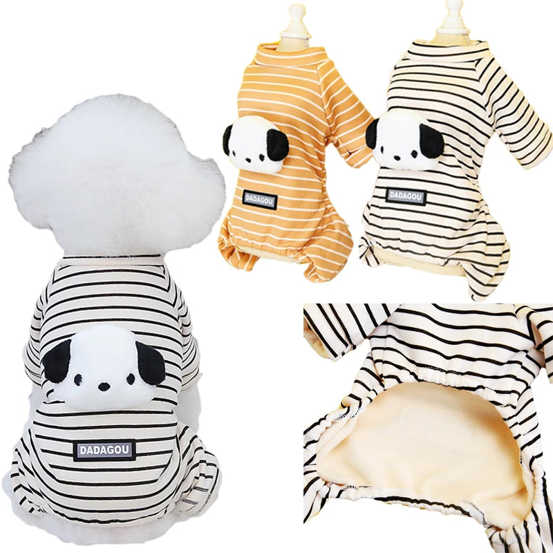 Striped Cat Dog Pijamas Hoodie Jumpsuit Winter Black Orange Pet Clothes For Small Dogs Bichon Long Sleeve Puppy Overalls Pajamas